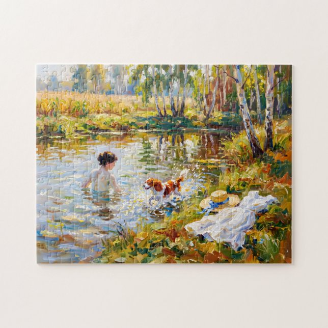 Quebra-cabeça Mulher banhando-se em lago com Cavalier Spaniel (Horizontal)