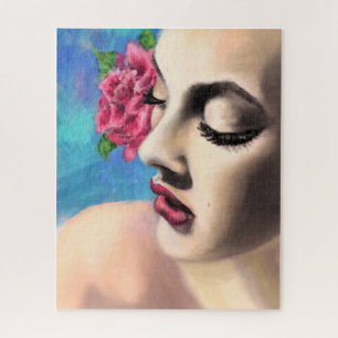 Quebra-cabeça Mulher Bela com Rosa vermelha - Pintura Original