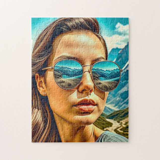 Quebra-cabeça Mulher Bonita de Óculos de Sol Reflexo da Montanha (Vertical)