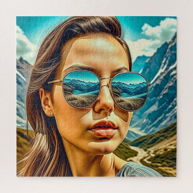 Quebra-cabeça Mulher Bonita de Óculos de Sol Reflexo da Montanha (Vertical)