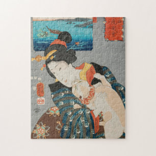 Quebra-cabeça Mulher brincando com Cat Vintage Impressão japon