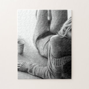 Quebra-cabeça Mulher com café da manhã Lápis desenhando arte