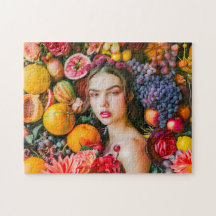 Mulher com frutas cítricas e grinalda de flores