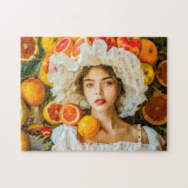 Quebra-cabeça Mulher com frutas cítricas e grinalda de flores