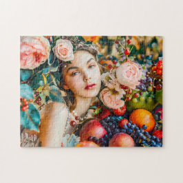 Quebra-cabeça Mulher com frutas e decoração de rosa floral