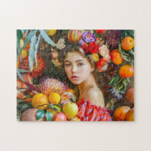 Mulher com frutas mistas e decoração floral