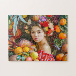 Quebra-cabeça Mulher com frutas sortidas e decoração floral
