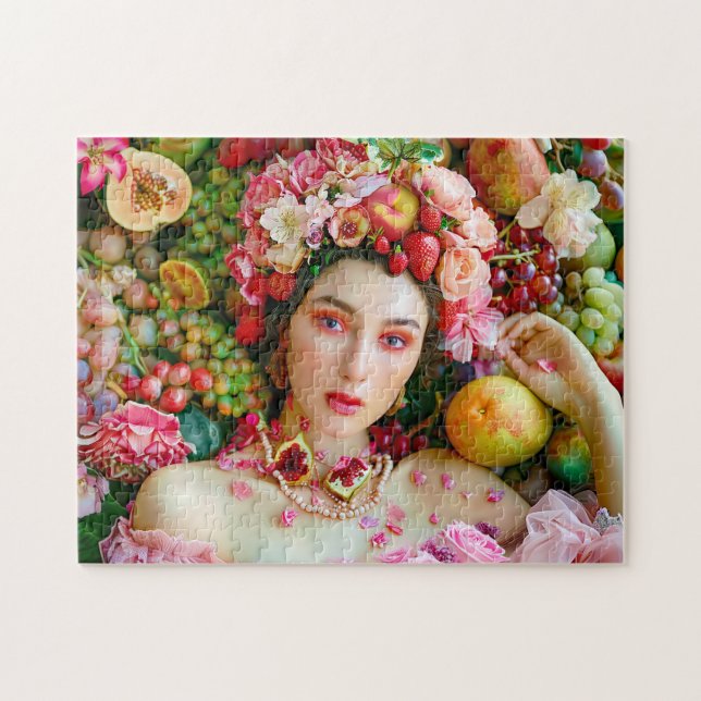 Quebra-cabeça Mulher com frutas tropicais e acentos florais (Horizontal)