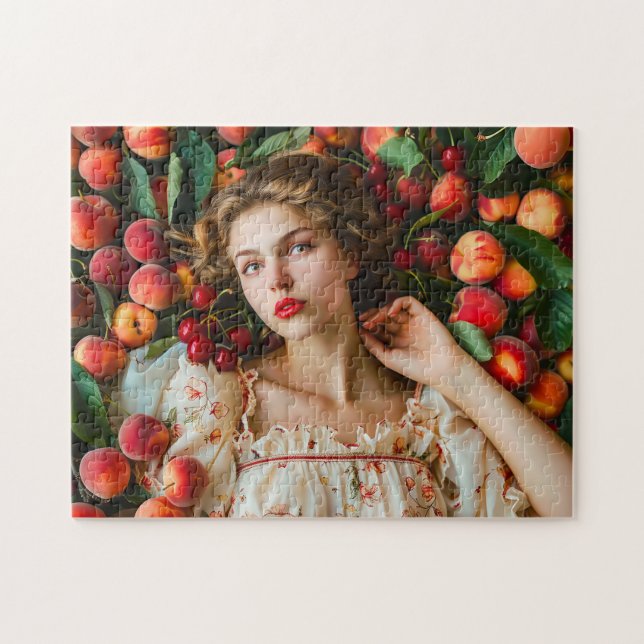 Quebra-cabeça Mulher com pêssegos e cerejas (Horizontal)