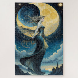 Quebra-cabeça Mulher Cósmica Alta com luas em segundo plano