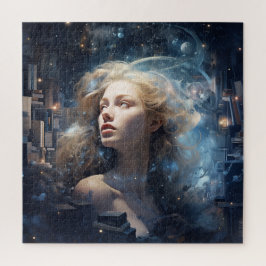 Quebra-cabeça Mulher cósmica cercada por livros