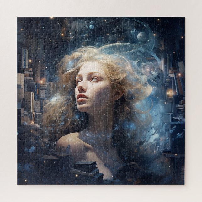 Quebra-cabeça Mulher cósmica cercada por livros (Vertical)