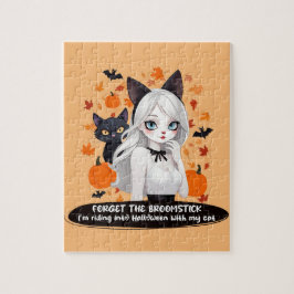 Quebra-cabeça Mulher de anime com gato preto.