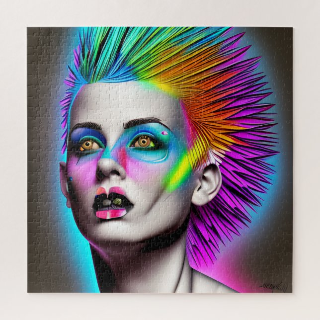 Quebra-cabeça Mulher Distópica com Moicano Arco-íris Arte de IA (Vertical)