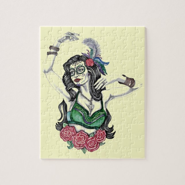 Quebra-cabeça Mulher do crânio de açúcar com Rosas (Vertical)