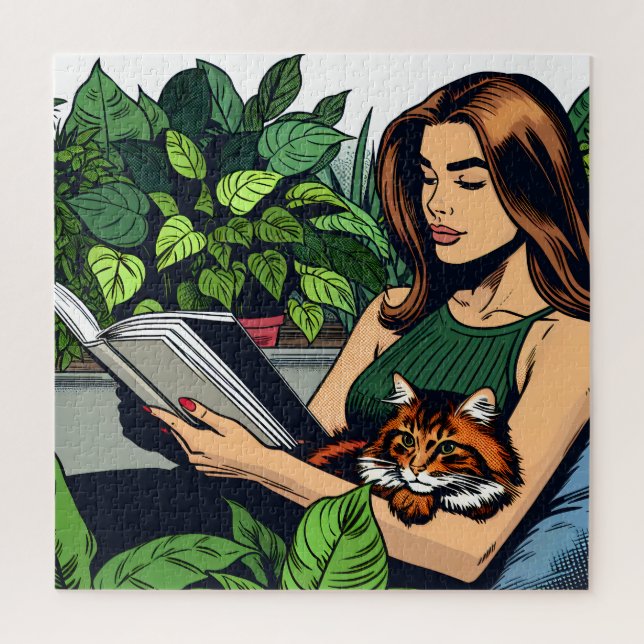 Quebra-cabeça Mulher do Estilo de Cômica, Gato e Livro (Vertical)