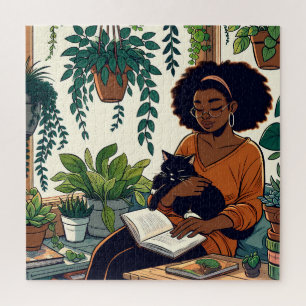 Quebra-cabeça Mulher do Estilo de Cômica, Gato e Livro
