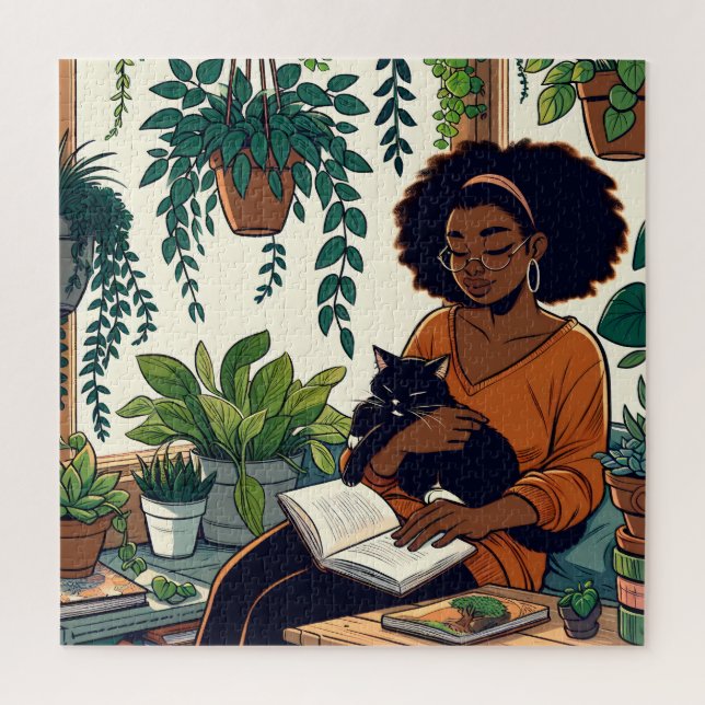Quebra-cabeça Mulher do Estilo de Cômica, Gato e Livro (Vertical)