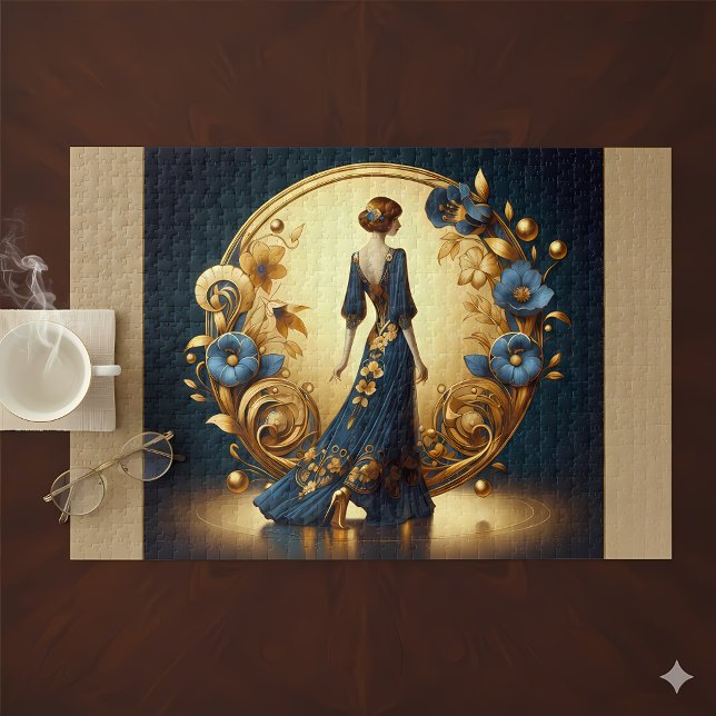 Quebra-cabeça Mulher Elegante Art Déco em Dourado e Azul (Elegant Art Deco Woman in Gold and Blue Jigsaw Puzzle Mockup A)