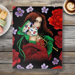 Quebra-cabeça Mulher Elegante Máscara Veneziana Vermelho Verde