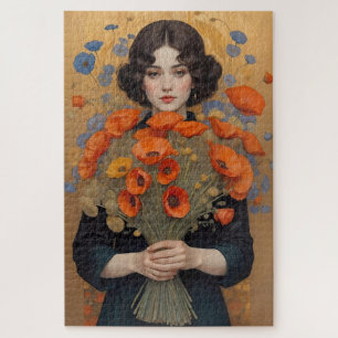 Quebra-cabeça Mulher Elegante segurando Buquê de flores de papoi