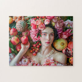 Quebra-cabeça Mulher em vestido floral com exposição de frutas