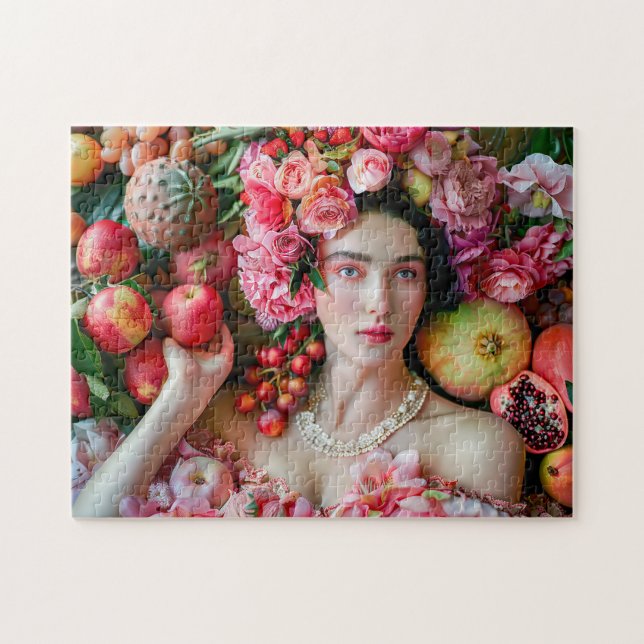 Quebra-cabeça Mulher em vestido floral com exposição de frutas (Horizontal)
