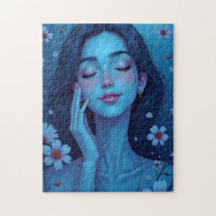 Quebra-cabeça Mulher Floral da Meditação de Animes Azuis