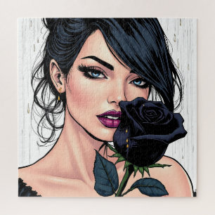 Quebra-cabeça Mulher Gótica Mal-humorada com Rosa Estética Escur