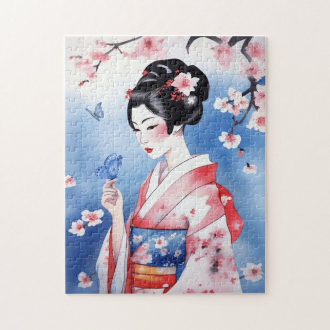Quebra-cabeça Mulher japonesa com borboleta azul (Vertical)