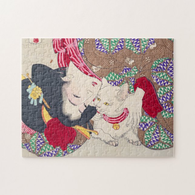 Quebra-cabeça Mulher japonesa e arte em gatos - Taiso Yoshitoshi (Horizontal)