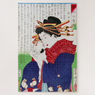Quebra-cabeça Mulher Japonesa Segurando um Gato, Tsukioka Yoshit
