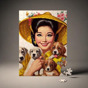 Quebra-cabeça Mulher Japonesa Vintage e Cachorrinhos