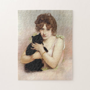 Quebra-cabeça Mulher Jovem Segurando Carrier Gato Negro