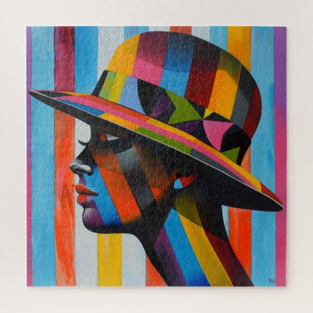 Quebra-cabeça Mulher na silhueta colorida de bater chapéu (Vertical)