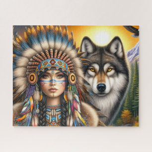Quebra-cabeça Mulher Nativa Americana Com Lobo