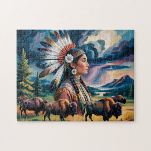 Quebra-cabeça Mulher Nativa Com Bisonte