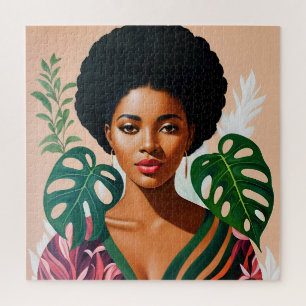 Quebra-cabeça Mulher Negra Afro Monstera Deliciosa Botânica