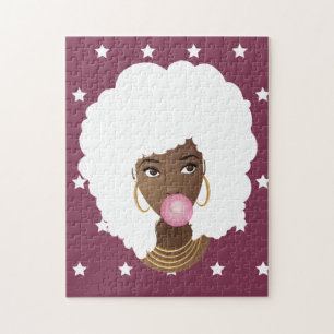 Quebra-cabeça Mulher Negra com Afro Branco, Bublegum, Estrelas R