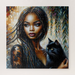 Quebra-cabeça Mulher Negra Com Arte Negra De Gato