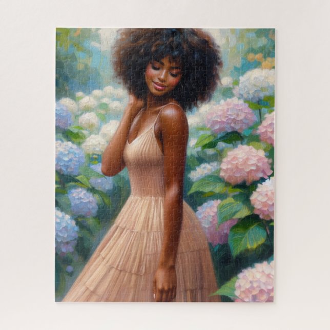 Quebra-cabeça Mulher Negra Entre Flores de Hortênsia (Vertical)