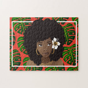 Quebra-cabeça Mulher Negra, Flor no Cabelo, Folhas Tropicais, Ve