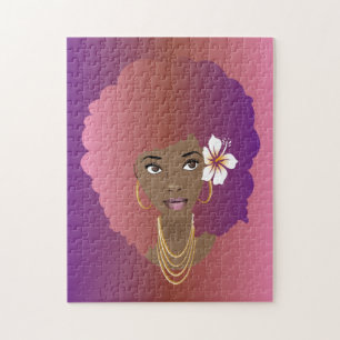 Quebra-cabeça Mulher Negra, Rosa Colorida e Púrpura Afro, Flor