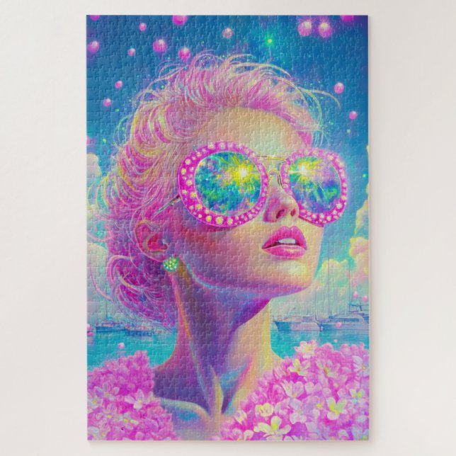 Quebra-cabeça Mulher Neon Glamorosa com Óculos Espumantes (Vertical)