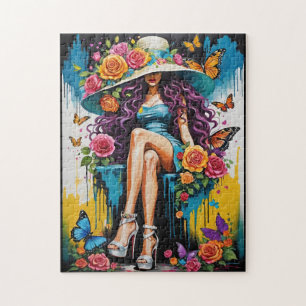 Quebra-cabeça Mulher no Big Hat e Altos Saltos Florais