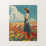 Quebra-cabeça Mulher no Colorful Tulip Field Vintage<br><div class="desc">O cartão-postal representa uma mulher que se posiciona graciosamente em meio a um mar vibrante de tulipas. Seu traje ressoa com a moda da época, e os matizes ricos do campo criam um caleidoscópio de cores. A ilustração meticulosa captura um momento de beleza eterno e o alento de tulipas florescentes....</div>