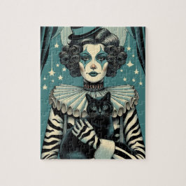 Quebra-cabeça Mulher Palhaço de Circo e um gato preto