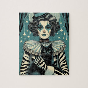 Quebra-cabeça Mulher Palhaço de Circo e um gato preto