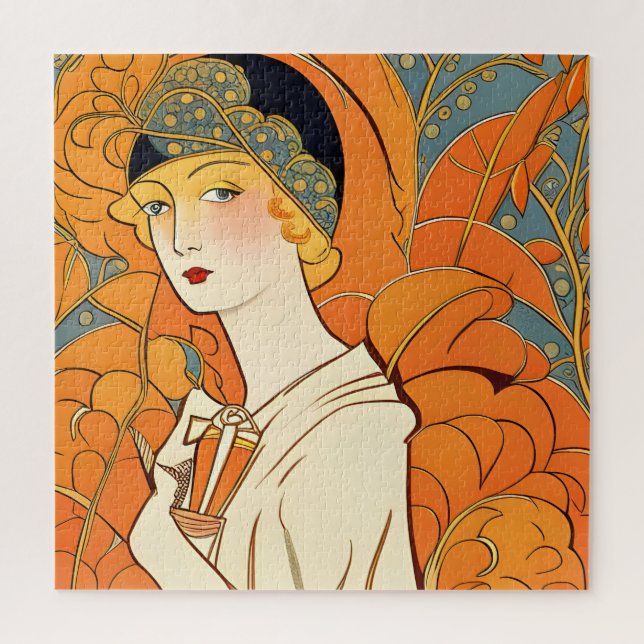 Quebra-cabeça Mulher Parisiense 1920 com Flores Laranja (Vertical)