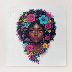 Quebra-cabeça Mulher Preta Profunda Com Afro Adornado Com Flor B